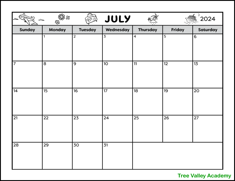 A black and white full page printable calendar for the month of July 2023. The July monthly calendar has a vacation theme and is decorated with images of a flying plane, flowers, a suitcase, a cruise ship, and an island with palm trees at the top of the page. There's also 2 blank areas to write notes in.