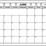 A black and white full page printable calendar for the month of June 2023. The June monthly calendar is decorated with images of strawberries at the top of the page. There's also a blank area to write notes in.