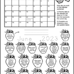 A free printable calendar worksheet for 1st and 2nd grade for the month of June 2023. There's 18 strawberry shapes each containing a calendar question. Kids can color the strawberries as they answer the questions.