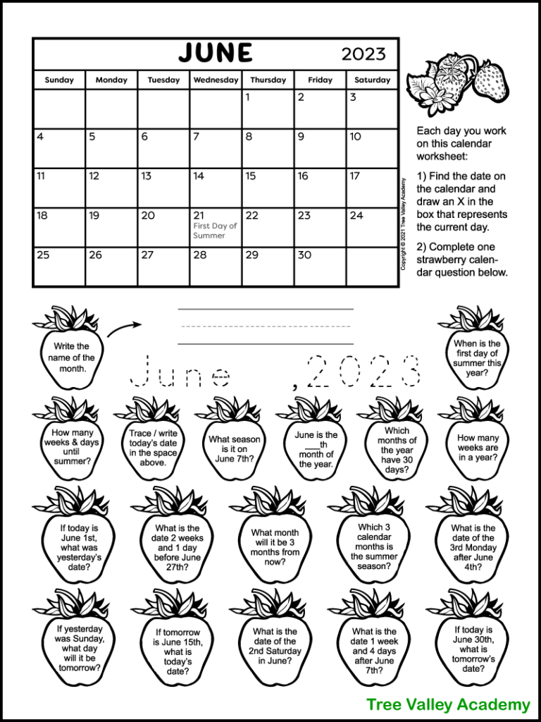 calendar questions worksheet