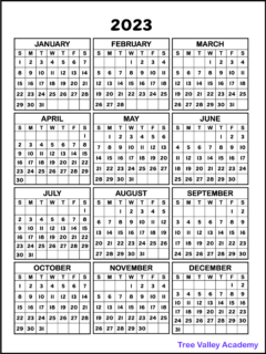 A free printable one page 2023 year calendar showing all 12 months of the year.