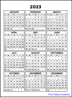 A free printable one page 2023 year calendar showing all 12 months of the year.