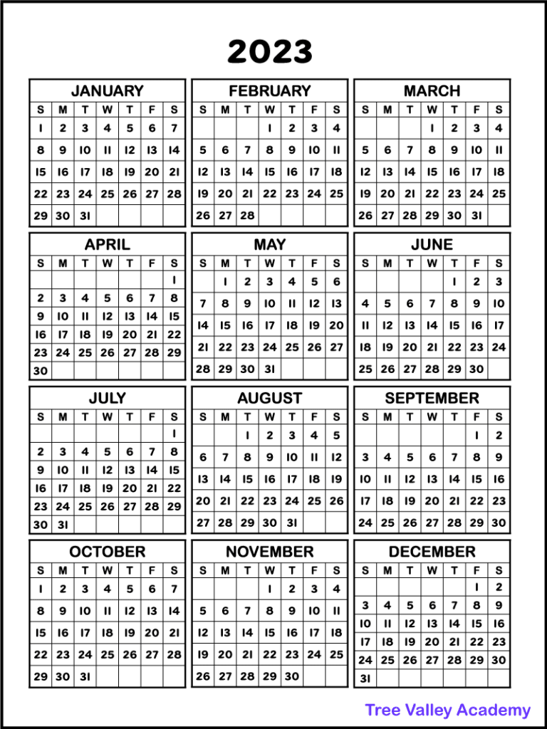 A free printable one page 2023 year calendar showing all 12 months of the year.