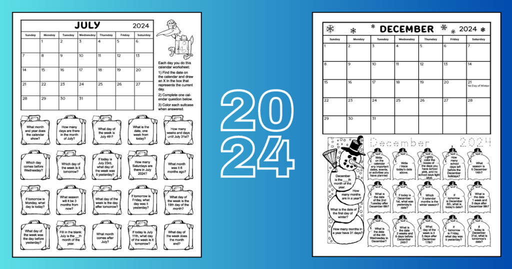 July 2024 and December 2024 printable calendar worksheets on a blue background with the text 2024.