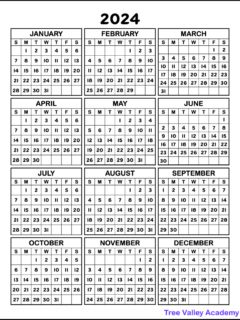 A free printable one page 2024 year calendar showing all 12 months of the year.