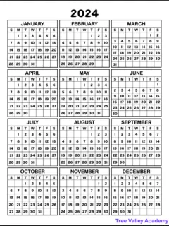A free printable one page 2024 year calendar showing all 12 months of the year.