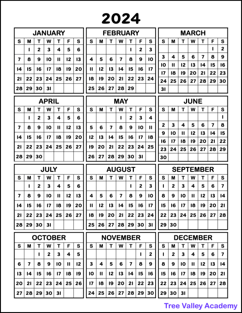A free printable one page 2024 year calendar showing all 12 months of the year.