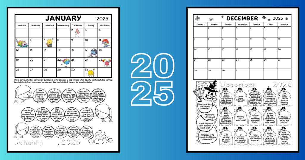 January 2025 and December 2025 printable calendar worksheets on a blue background with the text 2025.