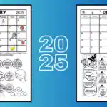 January 2025 and December 2025 printable calendar worksheets on a blue background with the text 2025.