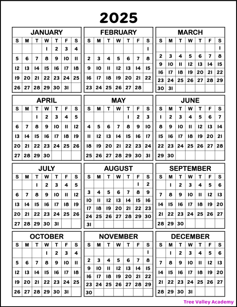 A free printable one-page 2025 year calendar showing all 12 months of the year.