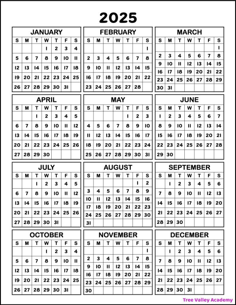 A free printable one-page 2025 year calendar showing all 12 months of the year.