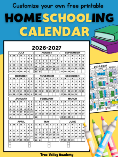 A free printable 2026–2027 one-page homeschooling calendar with July through June months in a grid format with a customizable legend.