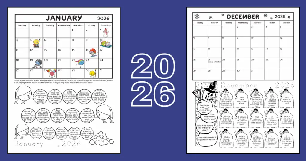 January 2026 and December 2026 printable calendar worksheets for kids on a dark purple background, with the text "2026".