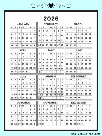 A free printable 2026 one page calendar with all 12 months and 365 days.