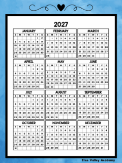 A free printable 2027 one page calendar with all 12 months and 365 days.