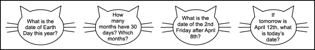 the 4 questions in the 2nd row of a printable 2nd grade April calendar worksheet