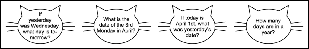 the 4 questions in the 4th row of a printable 2nd grade April calendar worksheet