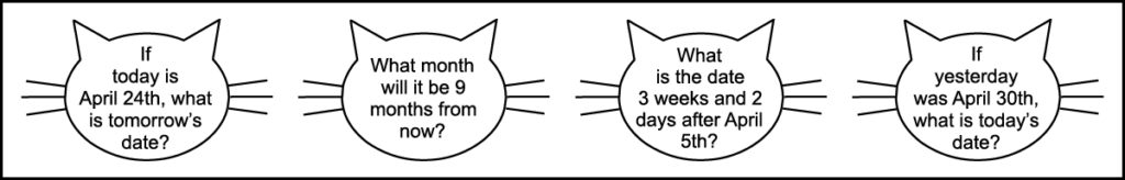 the 4 questions in the 5th row of a printable 2nd grade April calendar worksheet