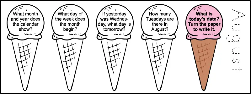 Five calendar questions of a 2nd grade calendar worksheet. Each of the questions are written in an ice cream scoop.