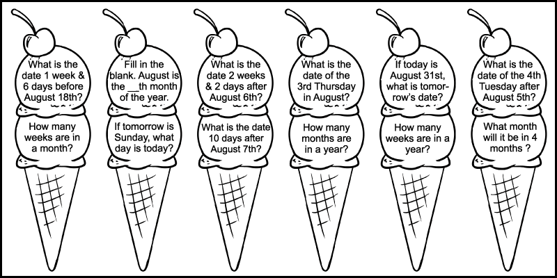 Twelve 2nd grade calendar questions of an August calendar worksheet. Each calendar question is written in an ice cream scoop.