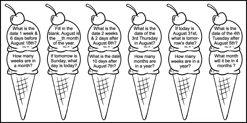 Twelve 2nd grade calendar questions of an August calendar worksheet. Each calendar question is written in an ice cream scoop.