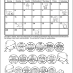 A printable 2nd grade calendar worksheet. The top half of the black and white math worksheet has a January 2024 monthly calendar. There are cute pictures of activities on different days of the calendar. The bottom half has 15 2nd grade calendar word problems. Each question is written in a picture of a snowball. Kids can color each snowball as they answer each calendar question.