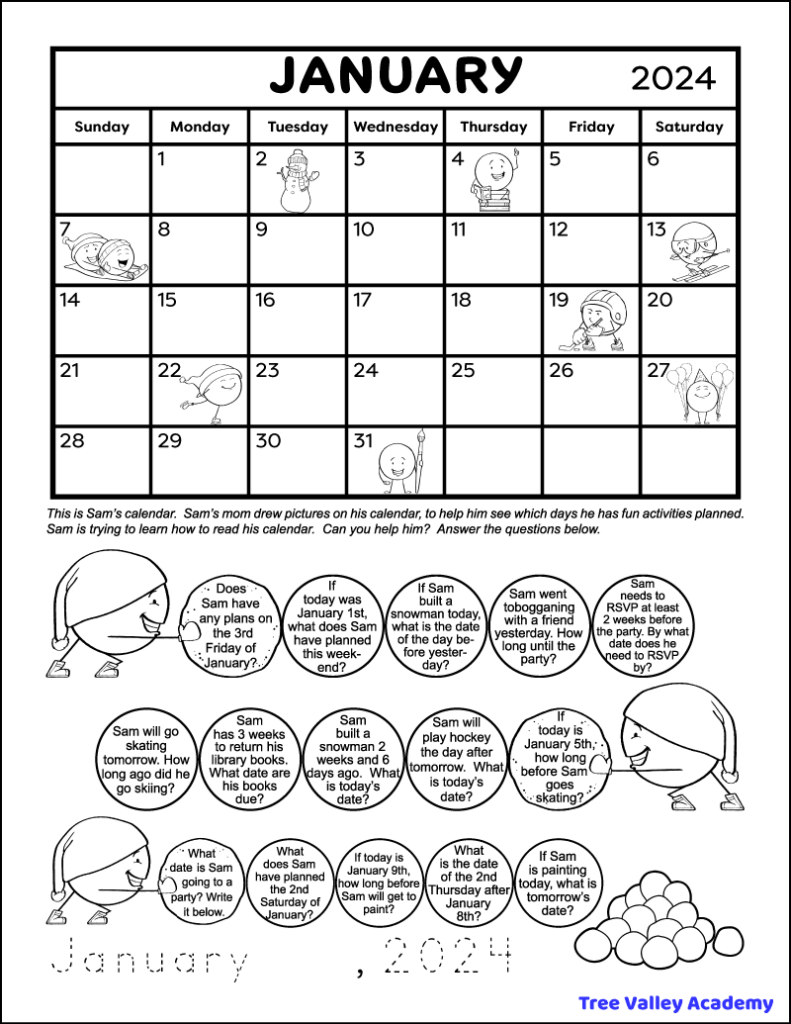 A printable 2nd grade calendar worksheet. The top half of the black and white math worksheet has a January 2024 monthly calendar. There are cute pictures of activities on different days of the calendar. The bottom half has 15 2nd grade calendar word problems. Each question is written in a picture of a snowball. Kids can color each snowball as they answer each calendar question.