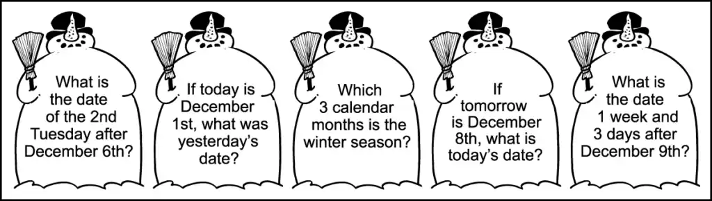 Five calendar questions of a 2nd Grade December calendar worksheet written in images of snowmen.