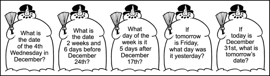 The last 5 calendar questions of a grade 2 December calendar worksheet written in images of snowmen.