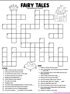 A free printable fairy tale crossword puzzle for kids around 2nd grade. The black and white puzzle is decorated with an image of a castle, a glass slipper on a pillow, and a crown. It has 23 clues to solve.