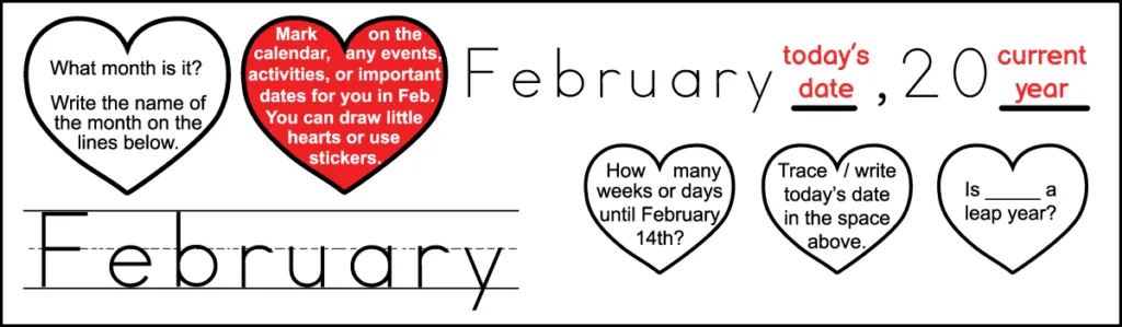 The first row of questions for a 2nd grade February calendar worksheet.