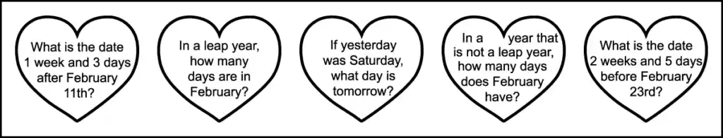The second row of questions for a grade 2 February calendar worksheet.