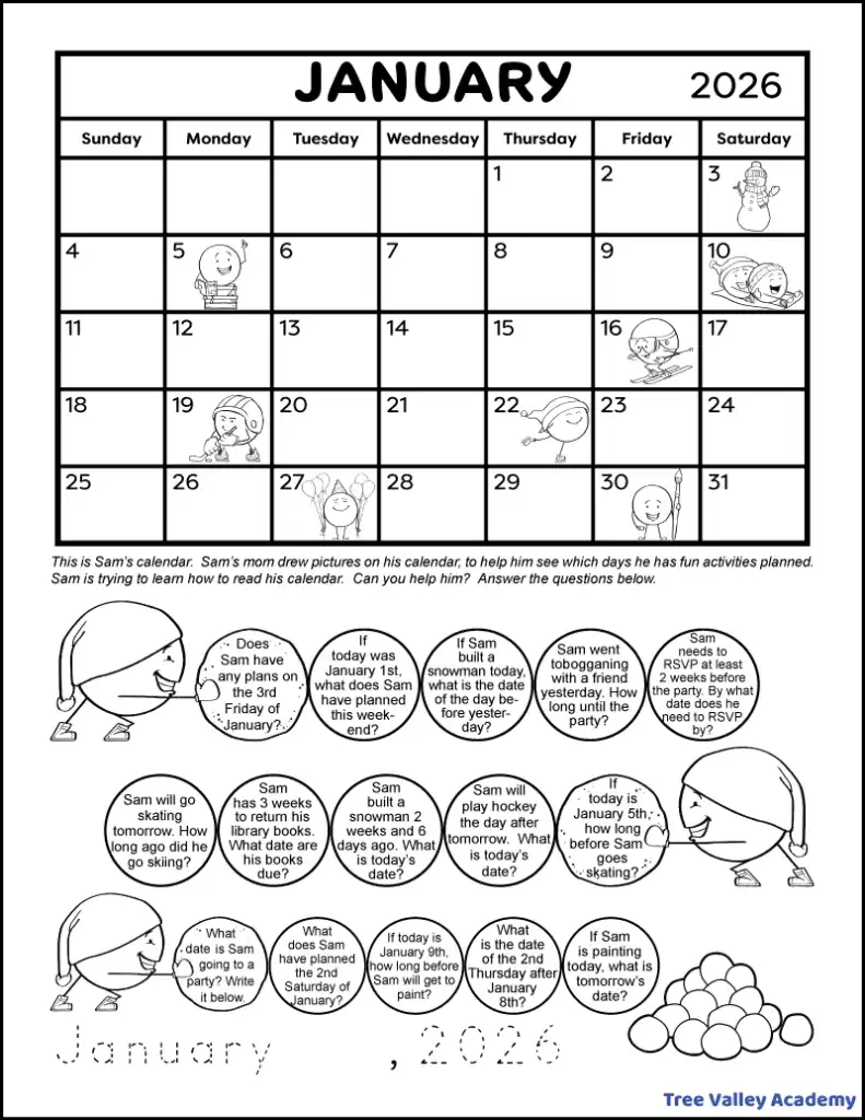A printable 2nd-grade calendar worksheet. The top half of the black and white math worksheet has a January 2026 monthly calendar. There are cute illustrations of different activities for each day of the calendar. The bottom half has 15 2nd-grade calendar word problems. Each question is written in a picture of a snowball. Kids can color each snowball as they answer each calendar question.