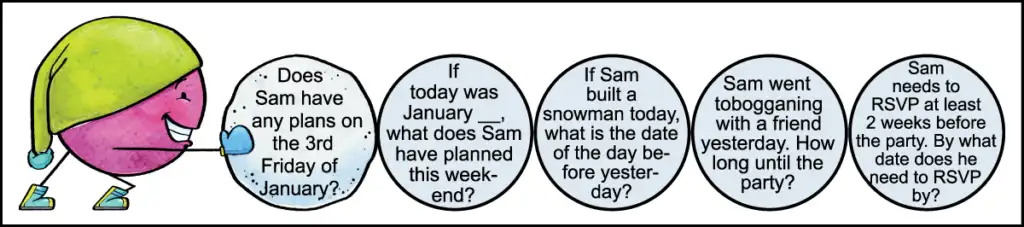 The first row of questions for a 2nd grade January calendar worksheet.