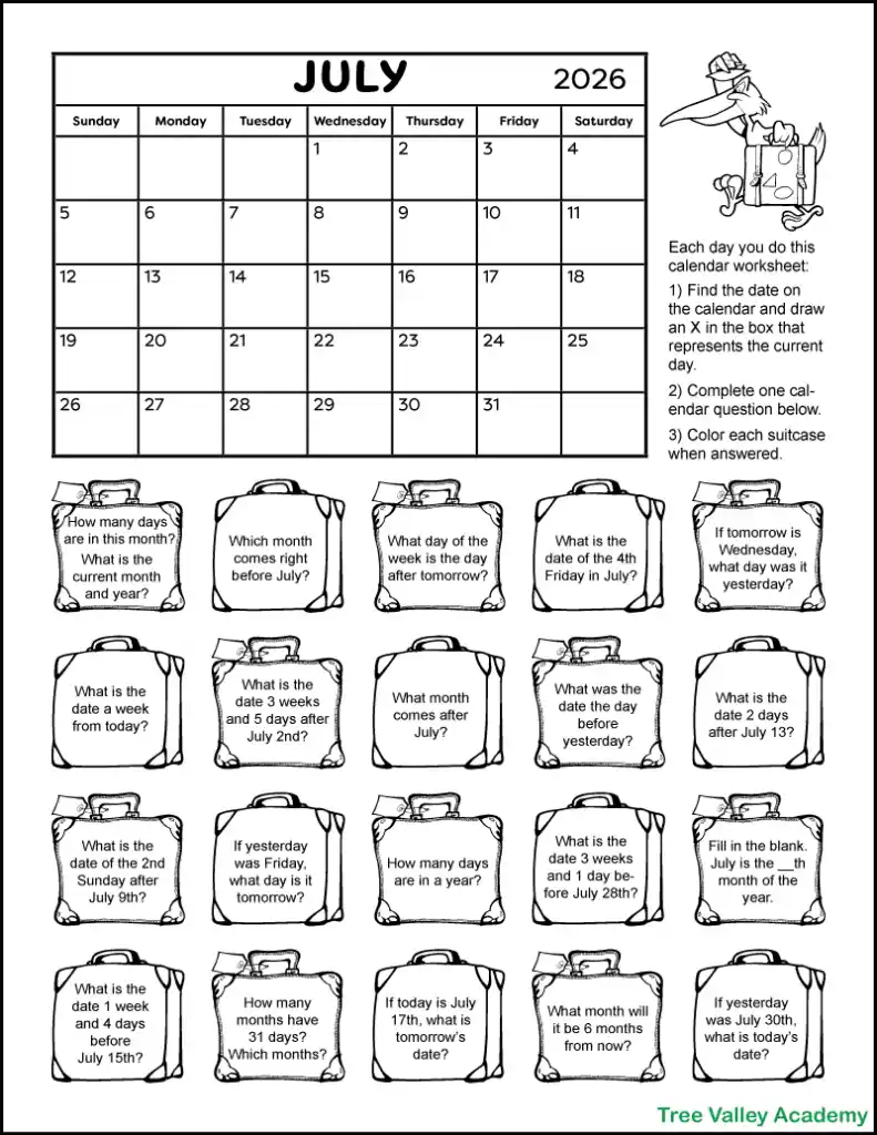 A free printable 2nd grade calendar worksheet for the month of July 2026. The worksheet has 20 suitcase images, each containing a calendar question. Kids can color each suitcase after answering its question.