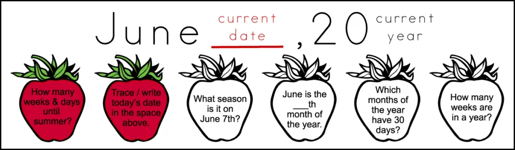 6 questions of a printable 2nd grade June calendar worksheet and 1 answer