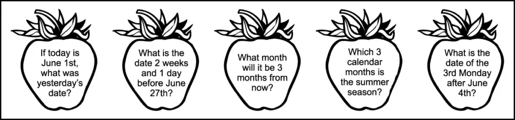 the 5 questions in the 3rd row of a printable 2nd grade June calendar