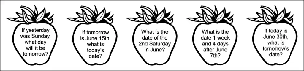 the 5 questions in the 4th row of a printable 2nd grade June calendar
