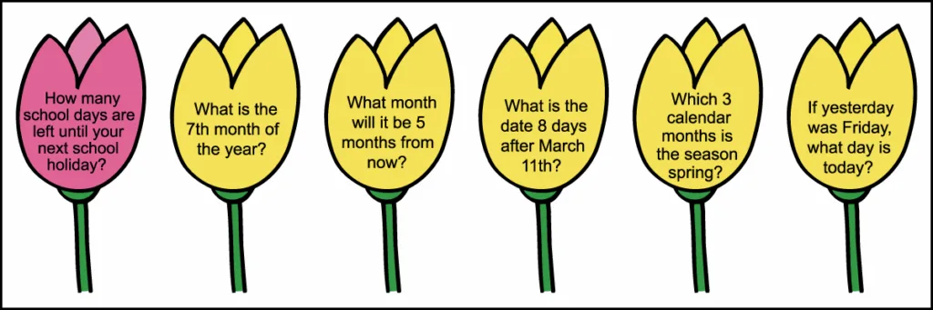 The second row of questions for a 2nd grade March calendar worksheet.