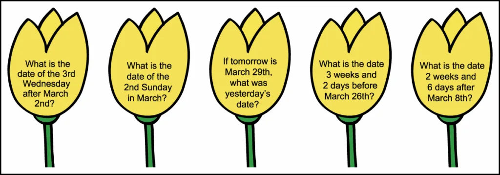 The third row of questions of a grade 2 March calendar worksheet.