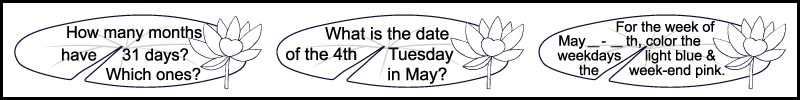 3 calendar questions, each written on a lily pad, in the 5th row of a printable 2nd grade May calendar worksheet