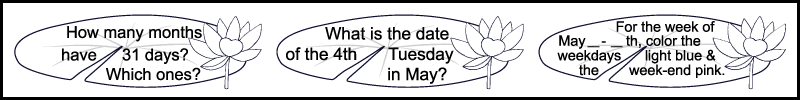 3 calendar questions, each written on a lily pad, in the 5th row of a printable 2nd grade May calendar worksheet