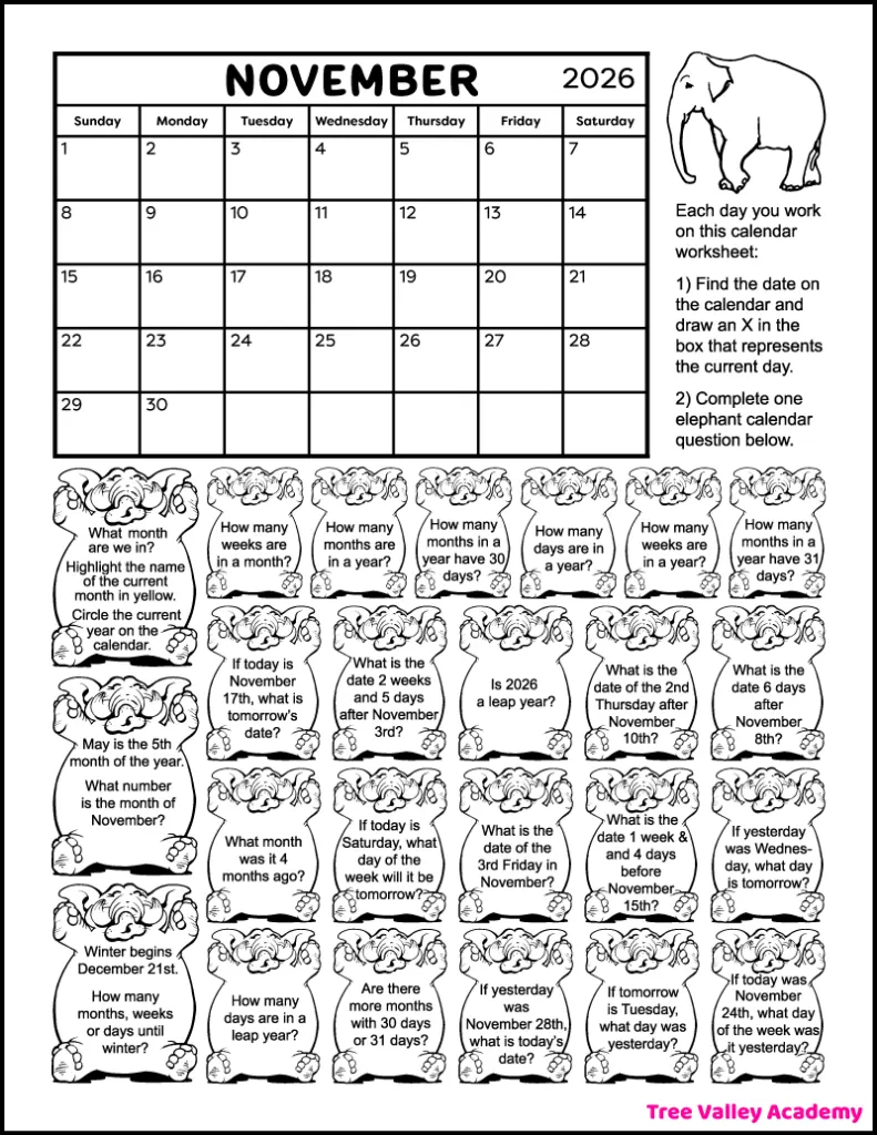 Free printable black and white 2nd grade November 2026 calendar worksheet for kids.