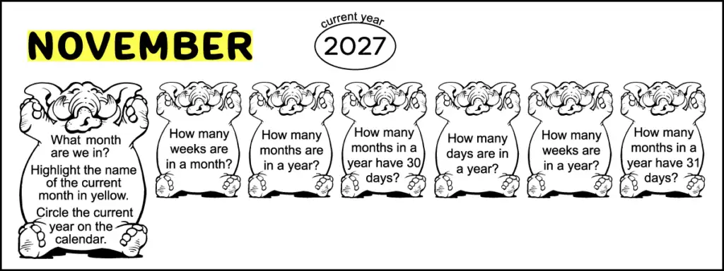 The first seven calendar questions of a 2nd grade November calendar worksheet for kids. Each question is written in an image of an elephant. The answer of the 1st question is also shown. The month name "November" is highlighted in yellow, and the current year is circled.