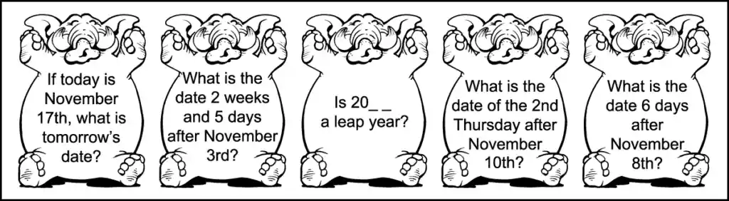 Five calendar questions, from the 2nd row of a 2nd grade November calendar question. Each calendar question is written in the image of an elephant.