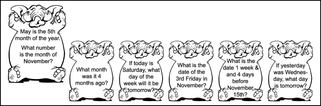 Six questions of the 3rd row of a 2nd grade November calendar worksheet. Each question is written in the image of an elephant.