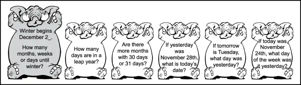 Six questions of the 4th row of a 2nd grade November calendar worksheet. Each question is written in the image of an elephant.