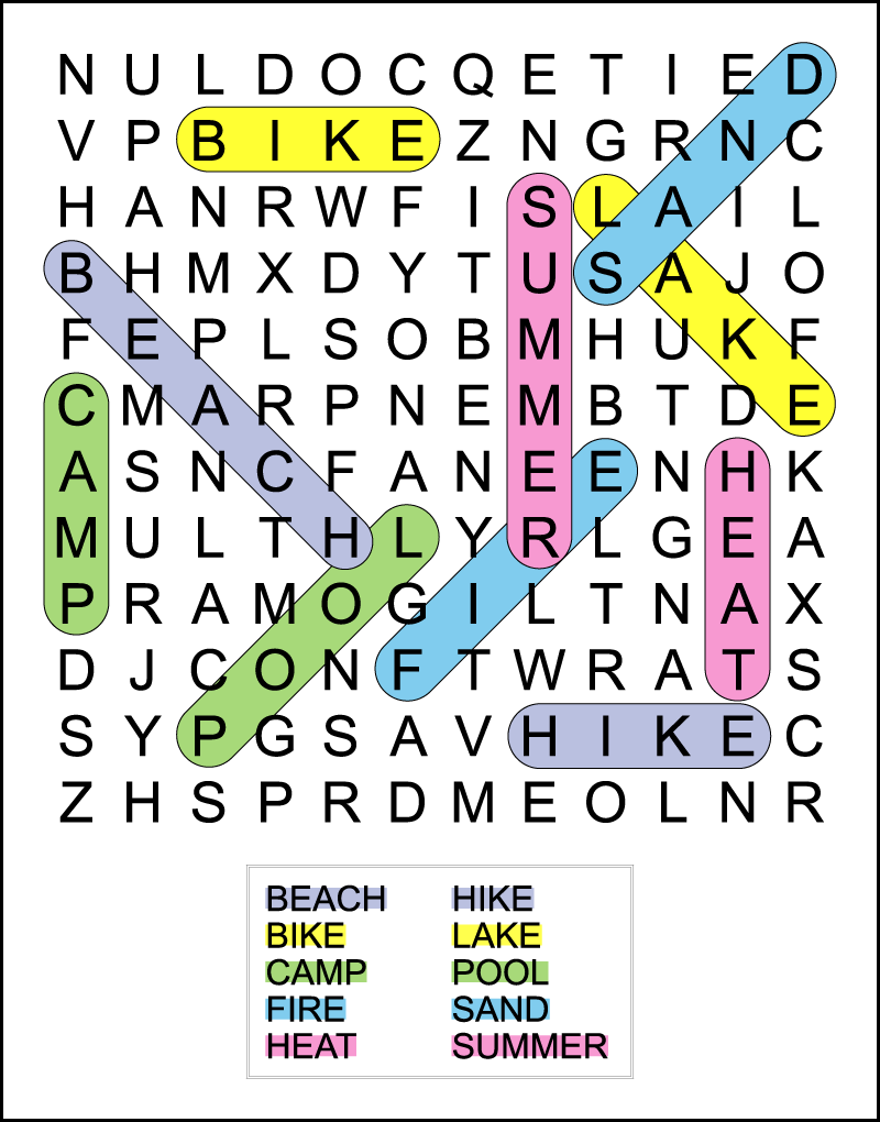 The color-coded answer key for a 2nd grade summer word search.