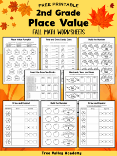 Free printable 2nd grade fall place value worksheets for practicing tens, ones, hundreds, base ten blocks, and expanded form