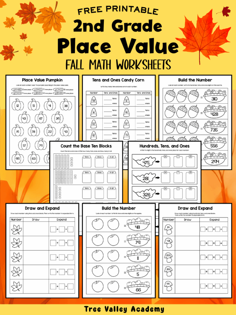 Free printable 2nd grade fall place value worksheets for practicing tens, ones, hundreds, base ten blocks, and expanded form